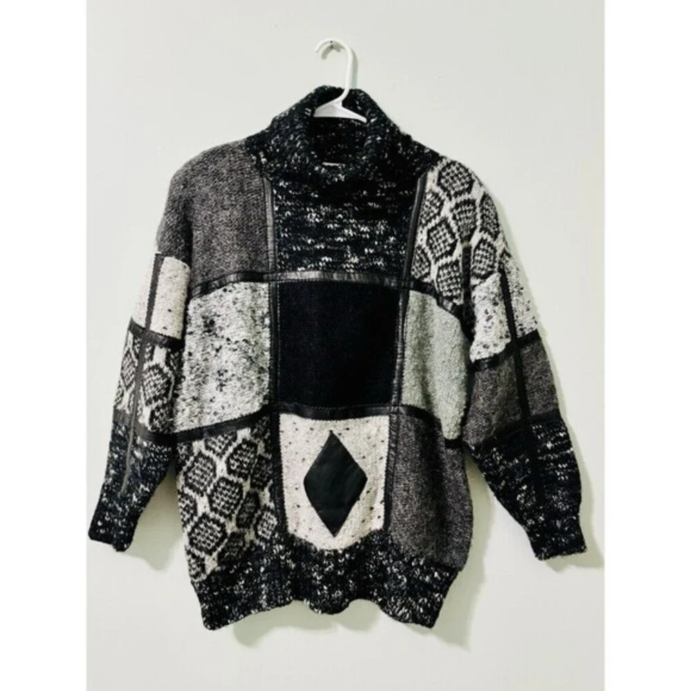 Vintage 80’s Susann D Sweater Black Gray Leather Trim Colorblock Oversized Sz S